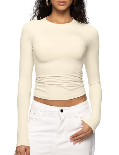 Enerful Women's Long Sleeve Shirts Crew Neck Slim Fitted Going Out Crop Casual Tops Basic Tees,Apricot X-Small | Amazon (US)