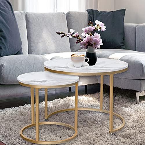 aboxoo Coffee Table Nesting White Set of 2 Side Set Golden Frame Circular and Marble Pattern Wood... | Amazon (US)