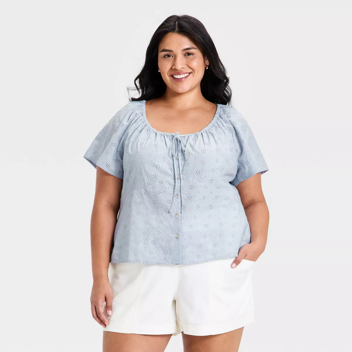 Women's Short Sleeve Eyelet Scoop Neck Blouse - Universal Thread™ Light Blue XXL | Target
