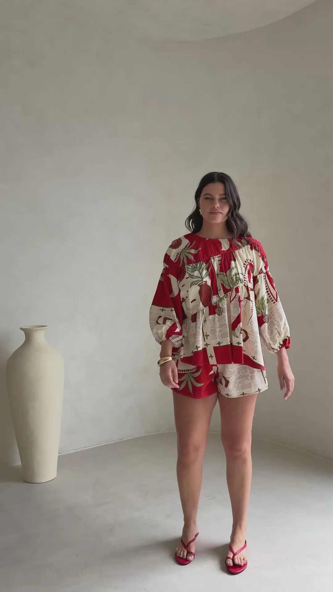 Red Palma Vista Print Long Sleeve Ruched Belinda Top | Sabo Skirt US