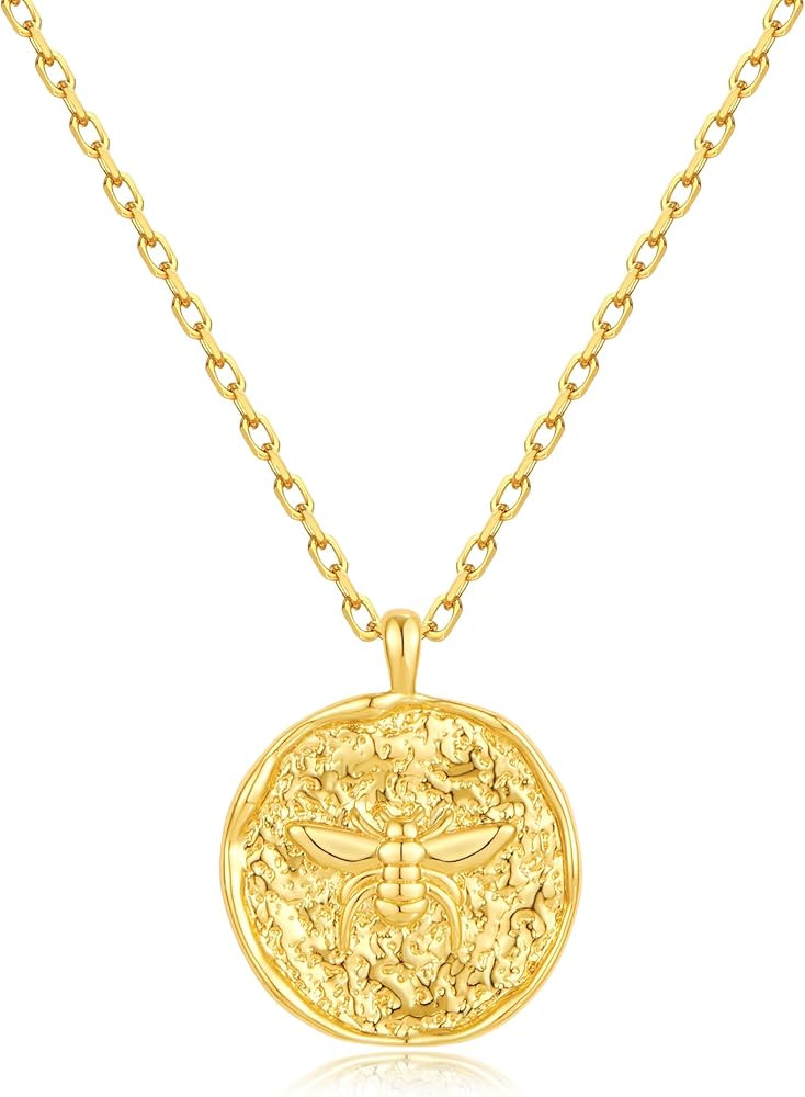 YUJIE 18K Gold Plated Bee Coin Necklace for Women - Vintage Embossed Medallion Delicate Round Pen... | Amazon (US)