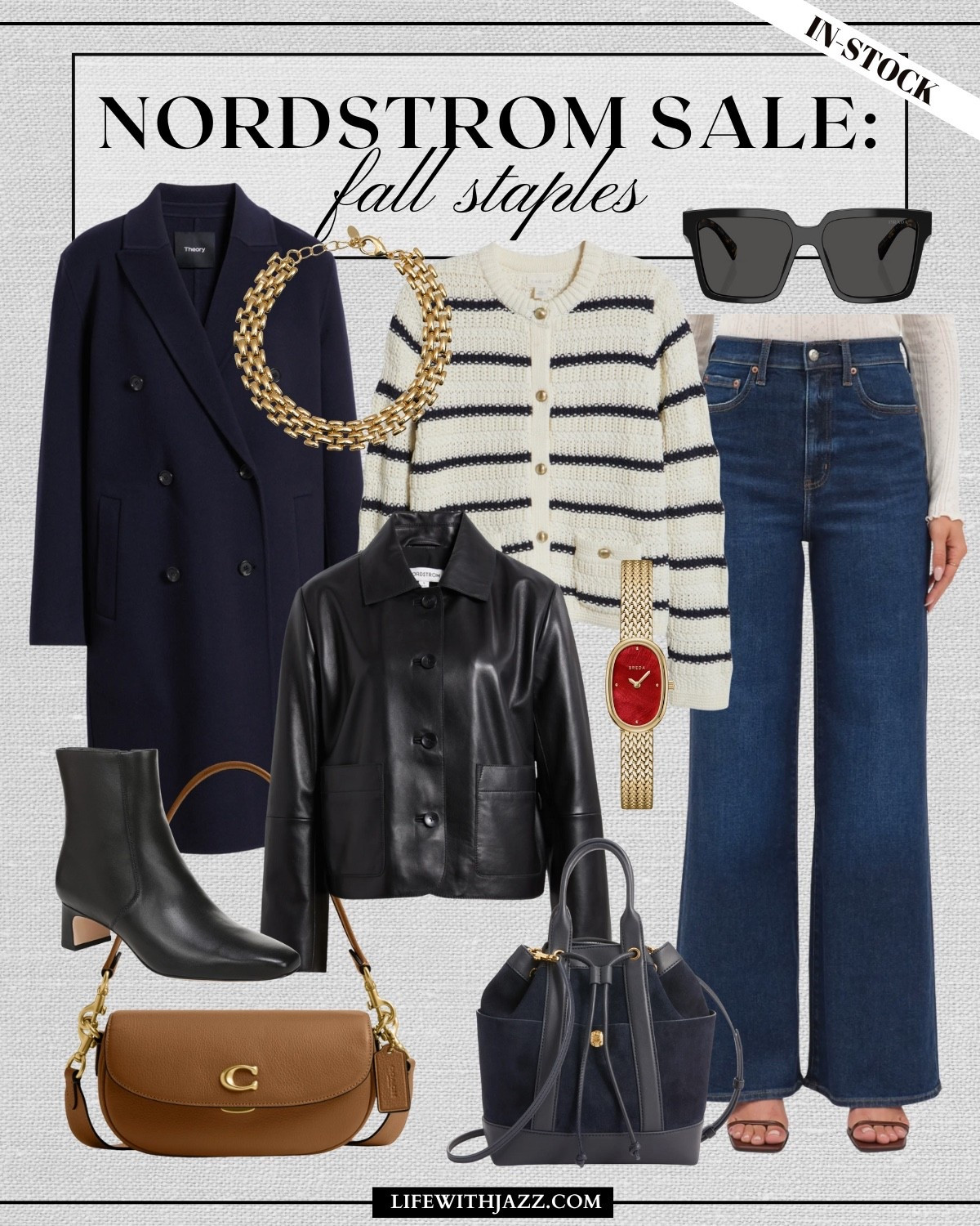 Nordstrom anniversary sale: fall staples still in-stock 

Navy coat / striped cardigan / leather jacket / wide leg jeans / brown cardigan / brown booties / navy purse / coach shoulder bag / watch / fall style  

#LTKSaleAlert