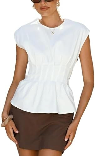 Women's Peplum Tops Short Sleeve Summer Blouses T-Shirts Dressy Casual Crew Neck Pleated Babydoll... | Amazon (US)