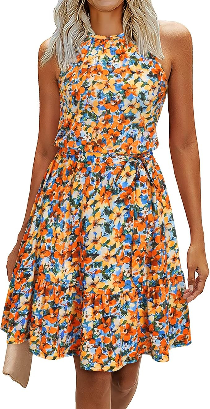 Newshows Womens 2025 Summer Dress Halter Wedding Guest Casual Beach Vacation Outfits Belted Sundr... | Amazon (US)
