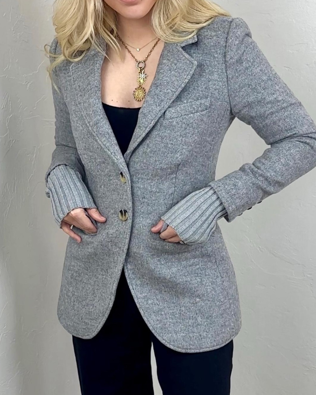 A woolly blazer starts off with a classic design and then switches things up by adding ribbed cotton-and-cashmere cuffs to create a bulk-free layered look.

Necklace makes a great Valentine’s Day gift!

#LTKValentine #LTKSeasonal #LTKgrwm