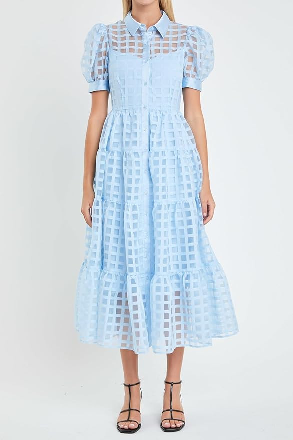 English Factory Women's Collar Neckline Gridded Organza Tiered Short Puff Sleeve Buttoned A-Line ... | Amazon (US)