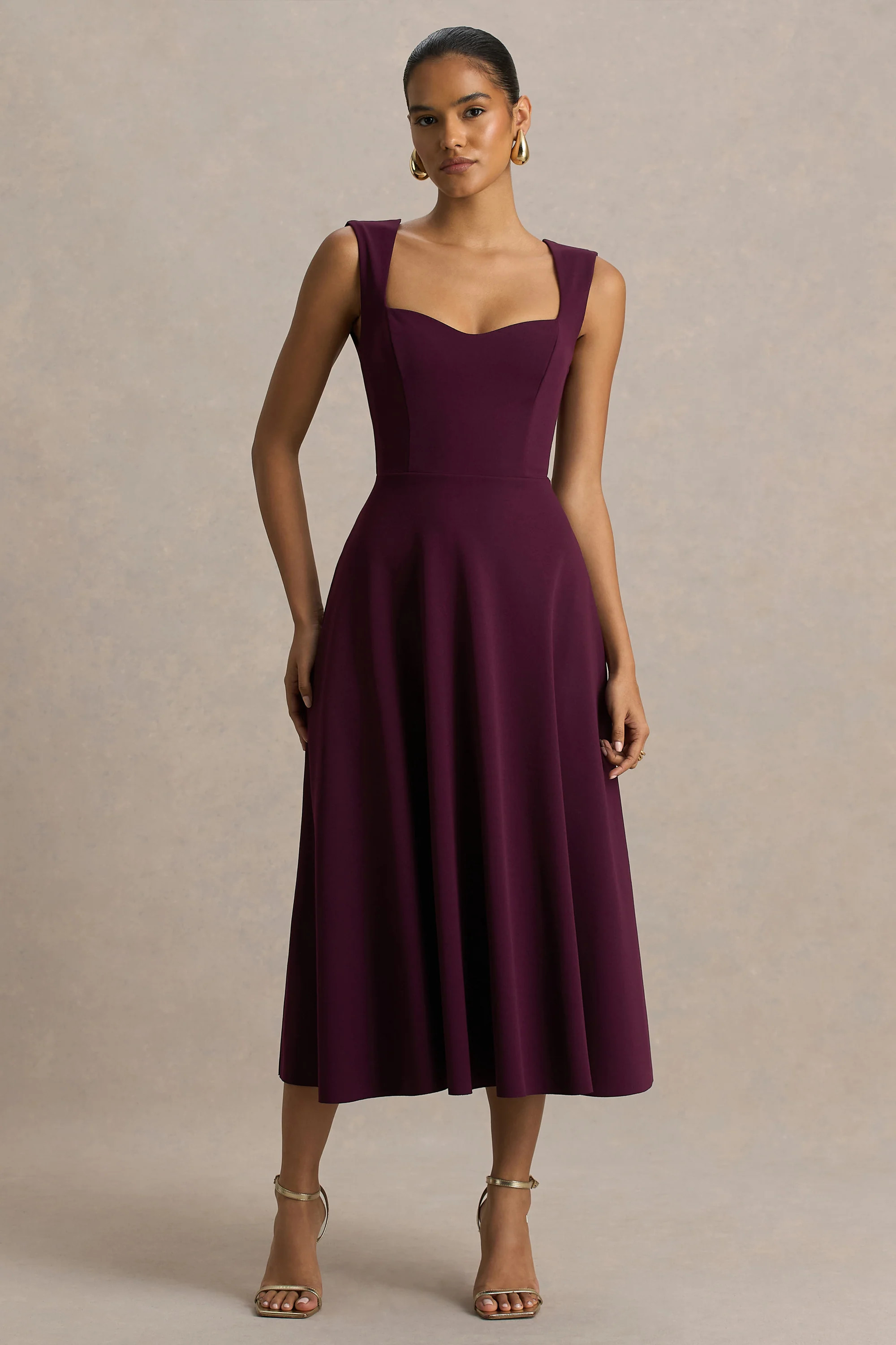 Andromeda | Burgundy Sweetheart-Neck Midi Dress | Club L London