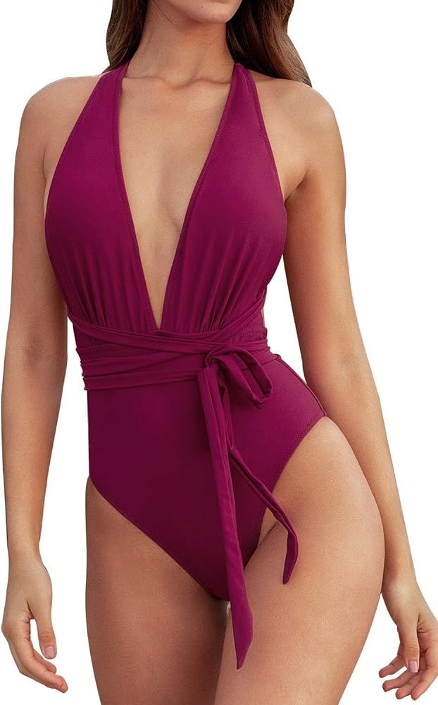 Women’s One Piece Swimsuit Sexy Deep V Neck Solid Red Bathing Suit | Amazon (US)