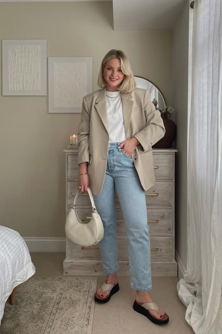 Chic spring outfit which is super easy to recreate. Light blue Levi’s jeans from amazon, cos white t shirt, beige oversized blazer, fitflop sandals, gold snake chain necklace and Valentino half moon cream bag from very. 

#LTKstyletip #LTKeurope #LTKSeasonal