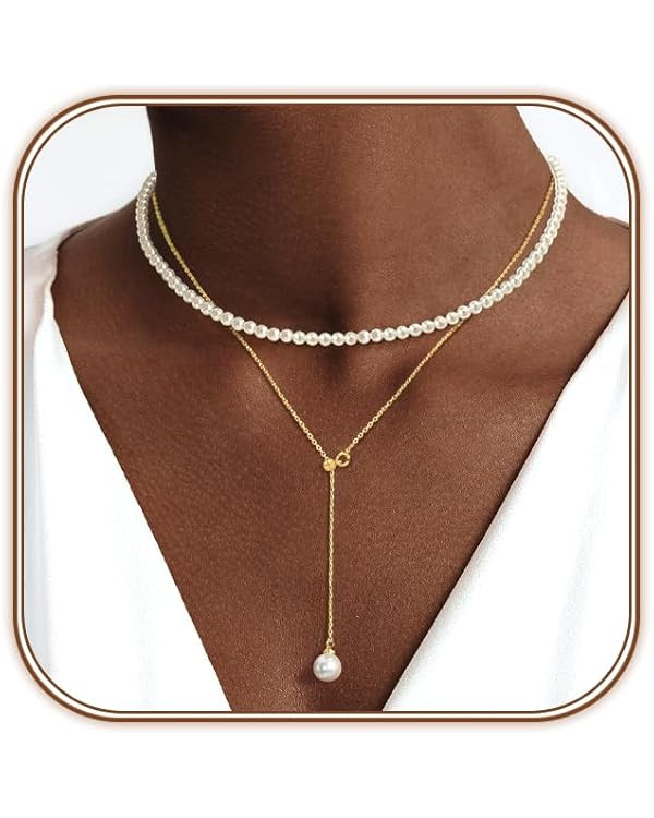 Zeffy Lariat Gold Necklace for Women Dainty Long Pearl Necklace 14k Gold/Silver Plated Layered Pe... | Amazon (US)