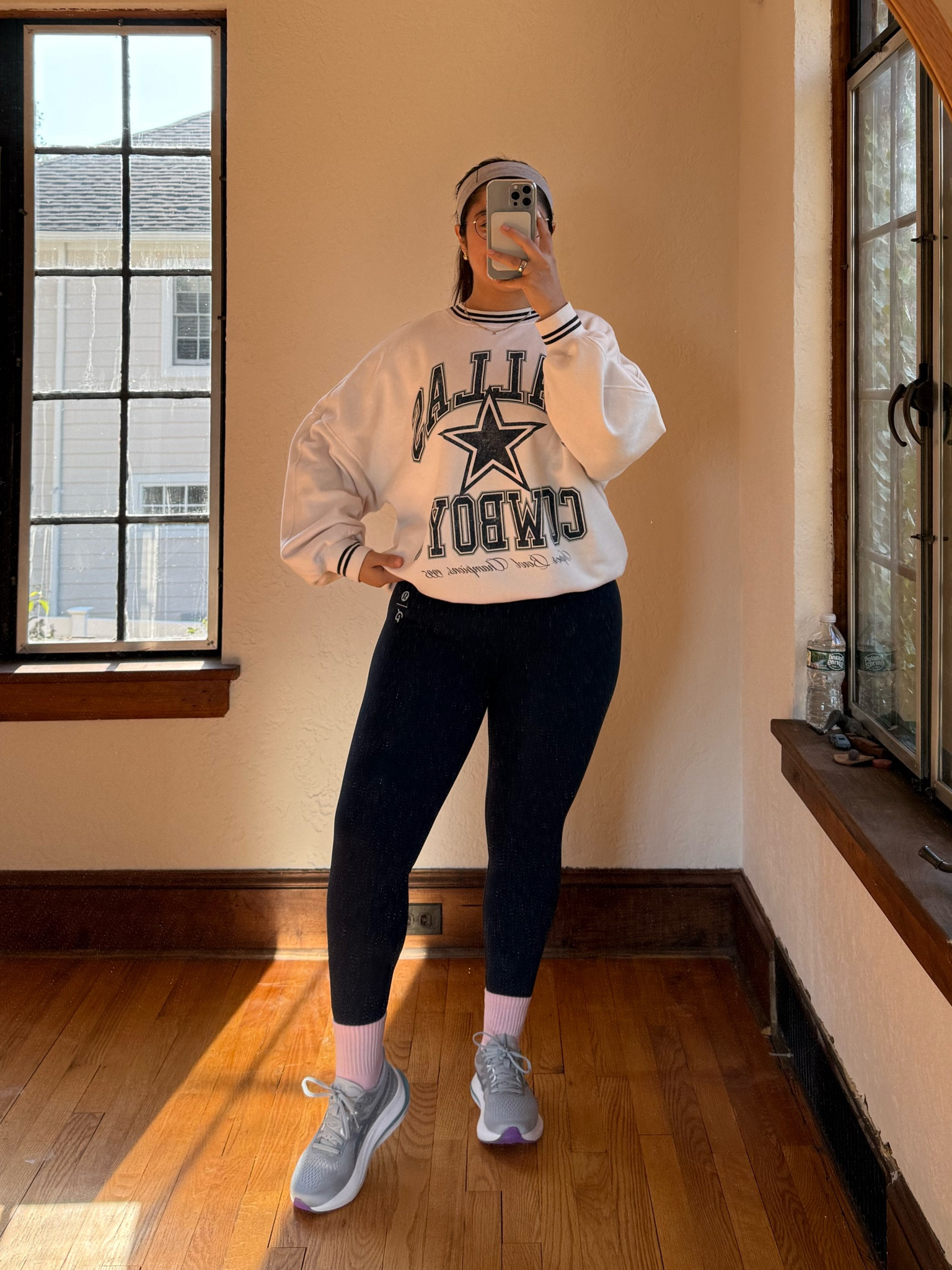 Large in the sweatshirt, 8 in the leggings - my fave leggings for running that don’t budge!! 

#LTKFindsUnder100 #LTKSeasonal #LTKActive