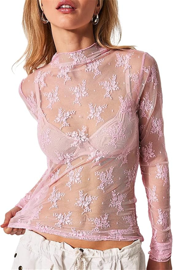 PAODIKUAI Women's Lace Long Sleeve Top Mesh Shirt Mock Neck Lace Layering Top Sexy See Through Fl... | Amazon (US)
