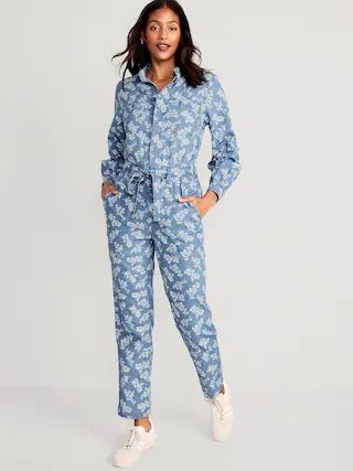 Waist-Defined Floral Utility Non-Stretch Jean Jumpsuit for Women | Old Navy (US)