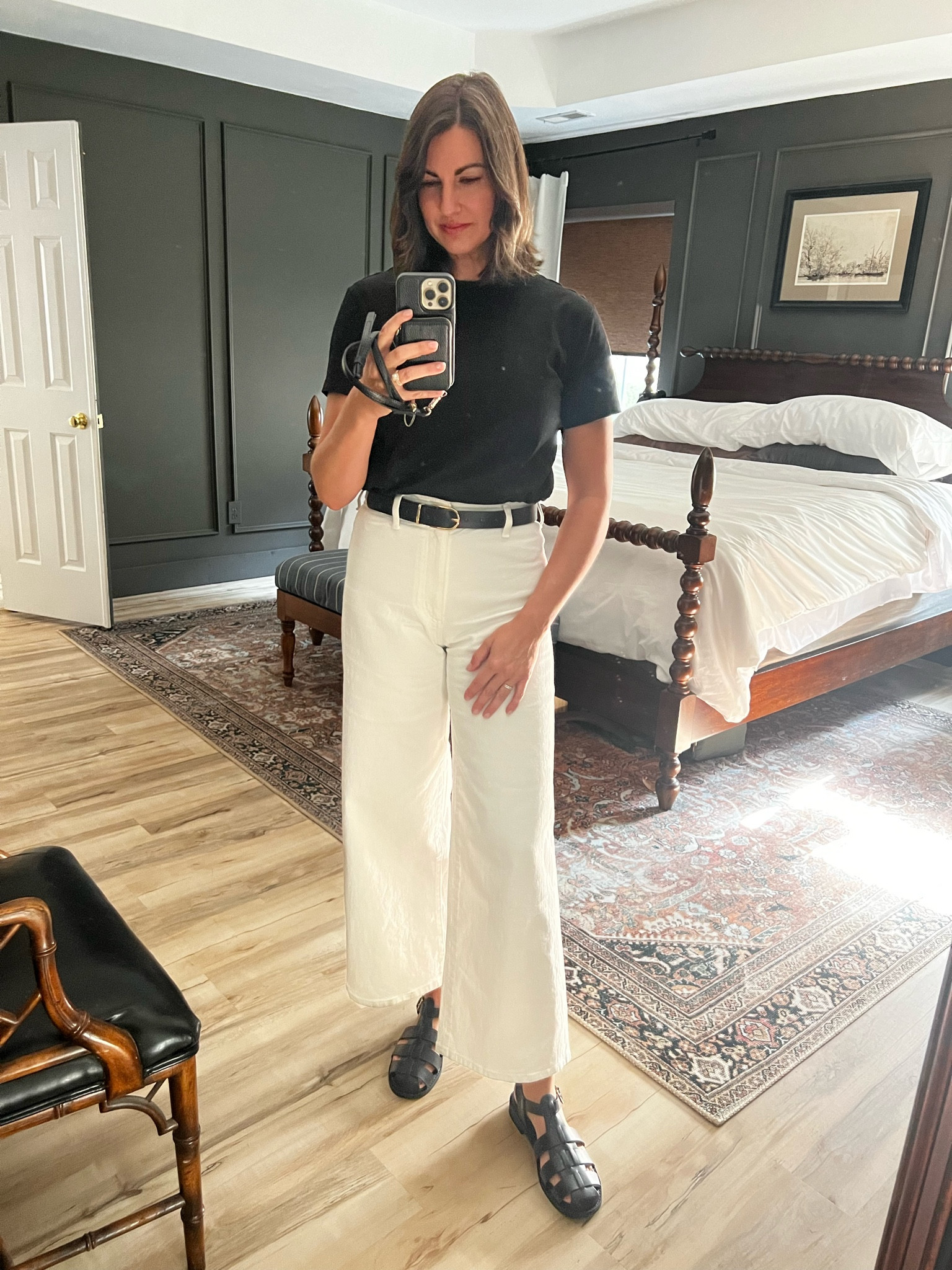 Easy Fall transition outfit idea. Sticking with the basics. This tee is less than $8 and I have it in multiple colors because it’s the perfect not too oversized yet still roomy tshirt. These wide leg cream pants are on sale right now under $25! And my newest shoe obsession, these uber affordable g fisherman sandals also under $30  

#LTKSeasonal #LTKFallSale #LTKFindsUnder50
