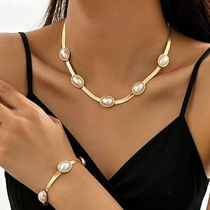 Gold Herringbone Chain Necklace Bracelet Set for Women,Vintage Inspired Oval Black Cabochon Choke... | Amazon (US)