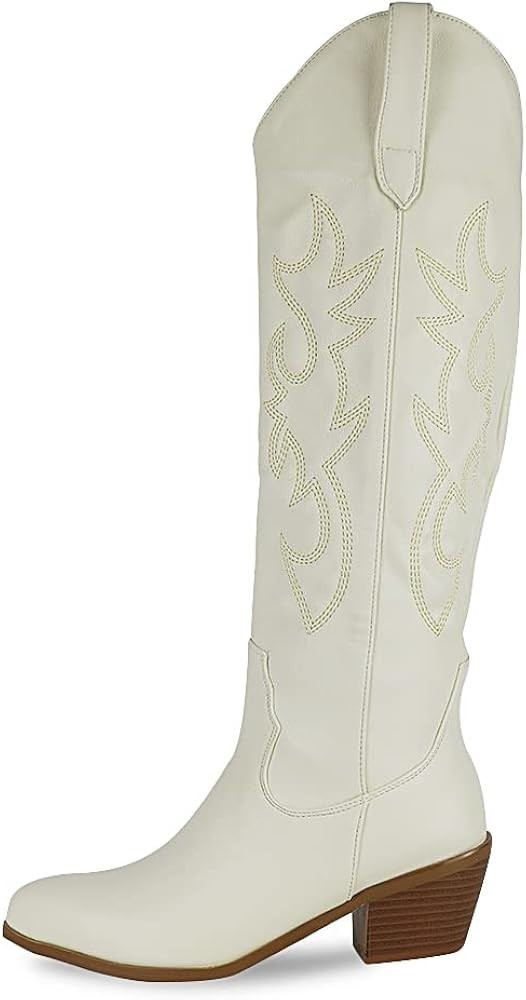 Erocalli Cowboy Boots for Women Embroidered Pull-On Chunky Stacked Heel Cowgirl Knee High Western Bo | Amazon (US)