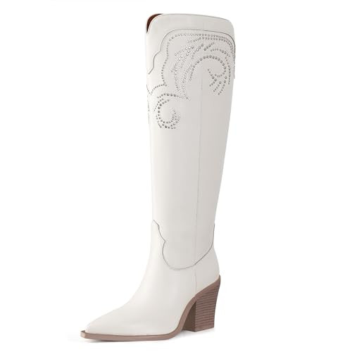 MUCCCUTE White Cowgirl Boots Women, Knee High Cowboy Boots Pointed Toe PU leather Tall Boots Western Long Boots Block Heel with Embroidered US Size 9.5 | Amazon (US)