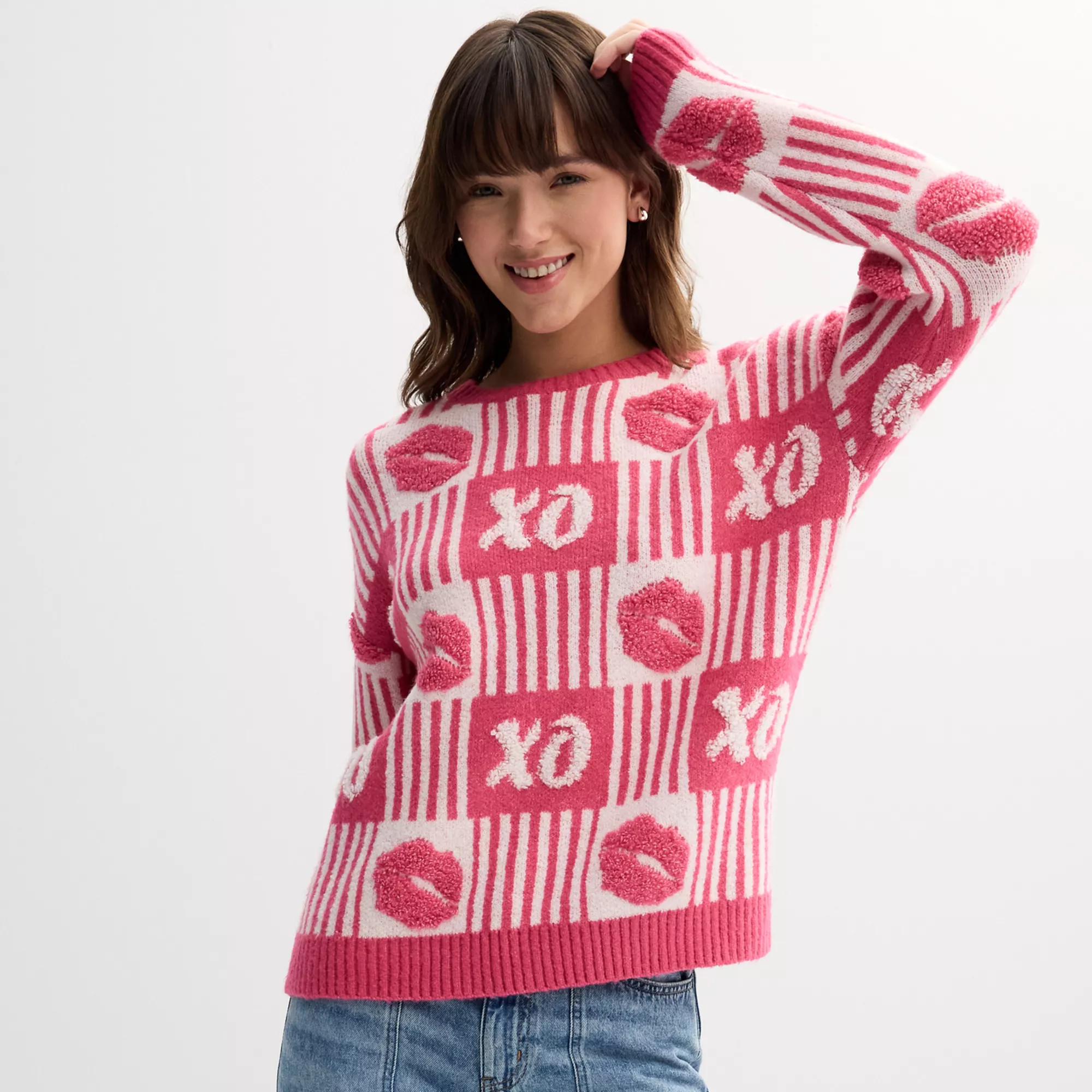 Women's FOREVER & EVER Valentine's Day XO Lips Crewneck Pullover Sweater | Kohl's