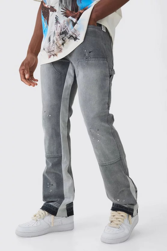 Slim Rigid Flare Paint Splatter Gusset Carpenter Jeans | boohooMAN (US & Canada)