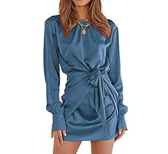 PRETTYGARDEN Women's 2023 Spring Satin Dress Long Sleeve Tie Waist Elegant Cocktail Party Mini Dr... | Amazon (US)