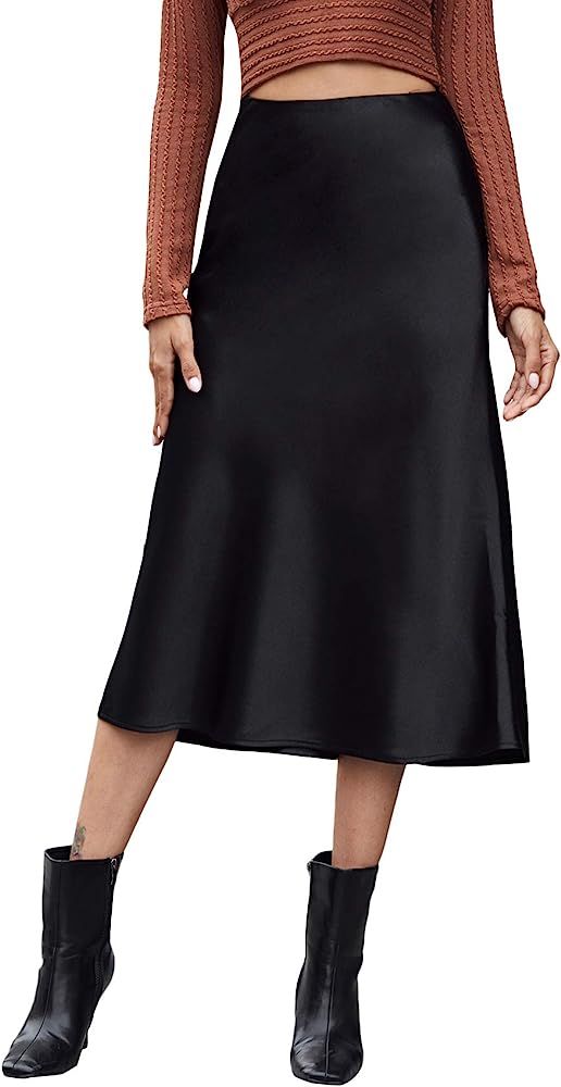 Verdusa Women's Elegant Zip Up Side High Waist A Line Satin Midi Skirt | Amazon (US)