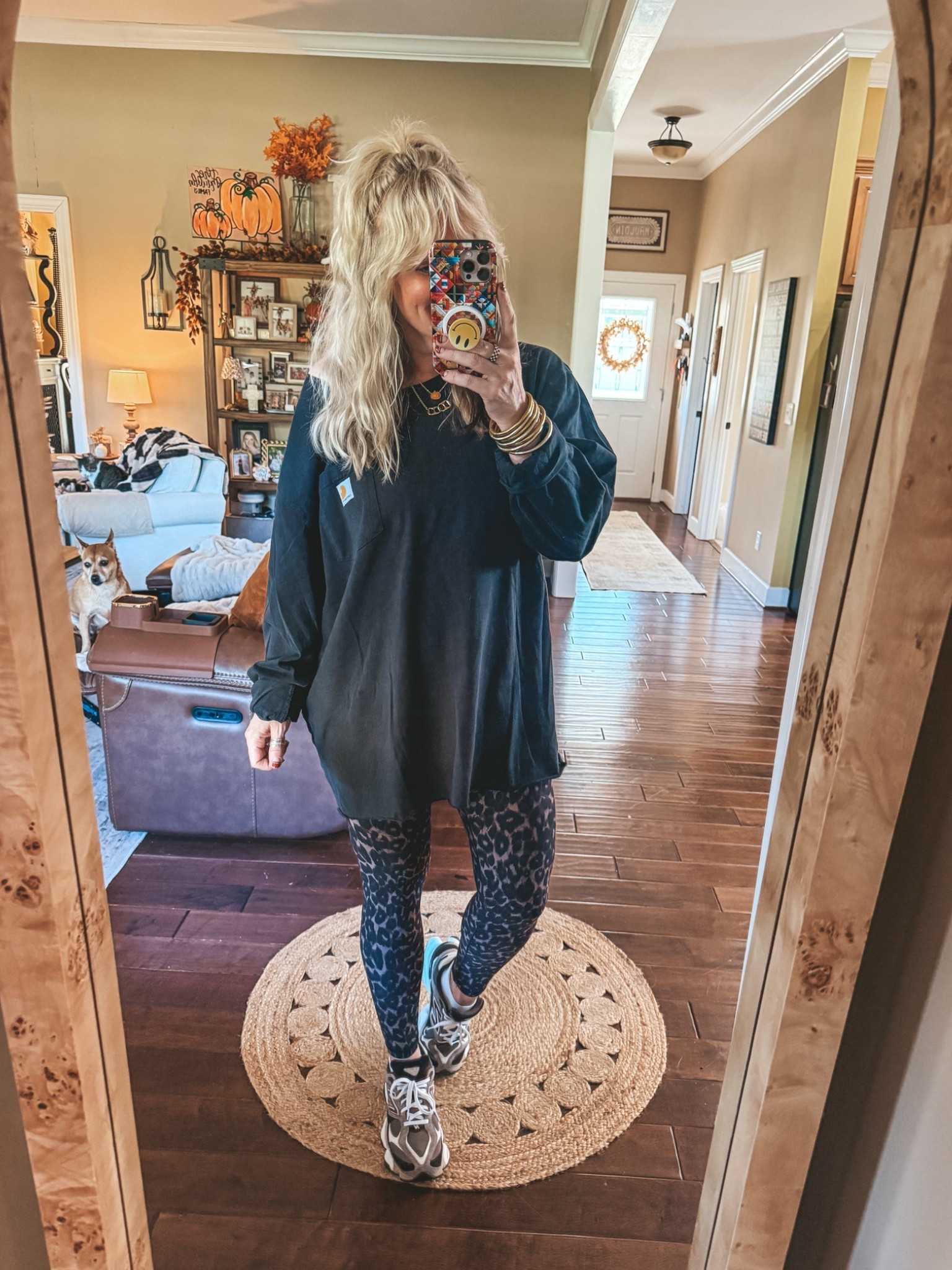 These leggings are fully back in stock and I’m wearing a size medium long. They are also on sale. 
Found this men’s Carhartt at the thrift store and I cut the neck out of it. 
My fav fall sneaks run true to size.