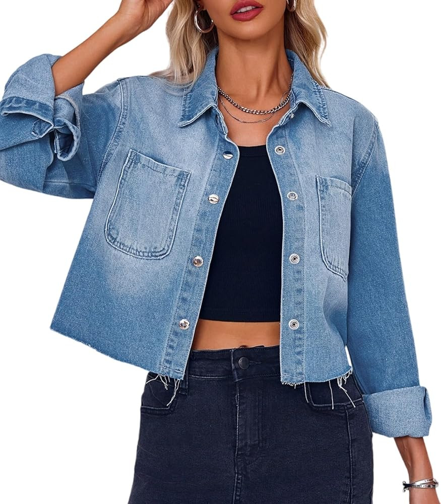 PLNOTME Womens Cropped Denim Jackets Long Sleeve Button Down Raw Hem Casual Jean Shirts | Amazon (US)
