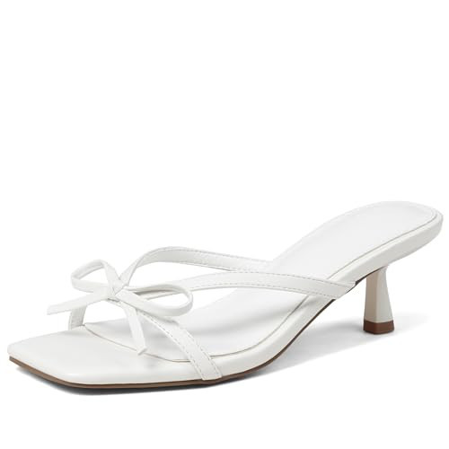 VIMISAOI Women's Bow Heels Strappy Kitten Heels for women Sandals Square Open Toe Slip On Mule Sandals Comfortable Dress Shoes for Party Wedding，white | Amazon (US)