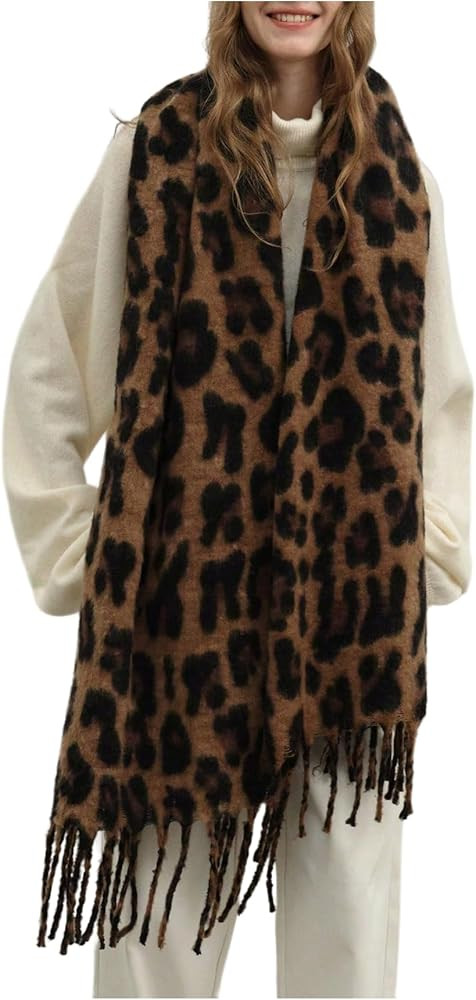 Floerns Women's Cheetah Print Winter Scarf Cozy Oversized Wrap Shawl with Tassel | Amazon (US)