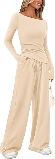 PRETTYGARDEN Women's 2 Piece Lounge Sets Asymmetrical Long Sleeve T Shirt Wide Leg Pants Casual O... | Amazon (US)