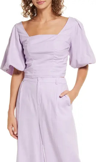 Puff Sleeve Linen Blend Crop Top | Nordstrom