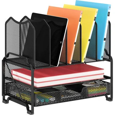 13.5"H Metal Mesh Desktop File Organizer - 1 Sliding Tray + 5 Upright Sections + 1 Drawer, Space-Saving Office Storage | Wayfair North America