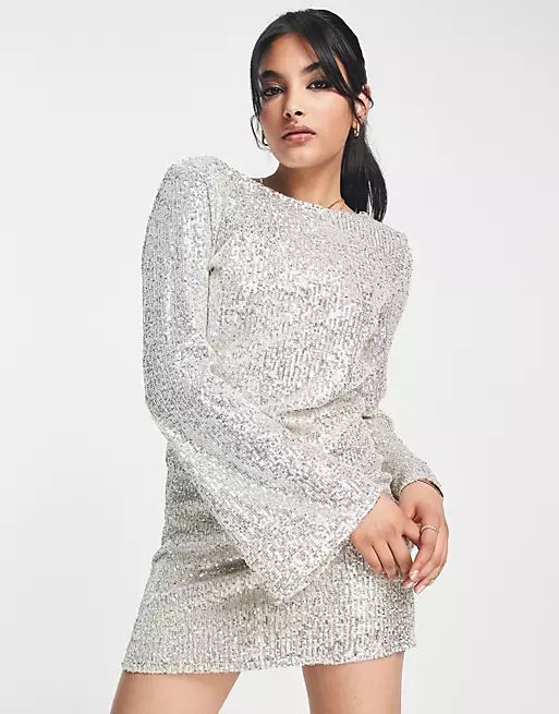 River Island cowl back sequin mini dress in silver | ASOS (Global)