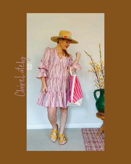 Beach Vacation Dress (I’m wearing a Small) ready to go! Layered with this playful canvas tote - tip! It’s bigger than you think. Yellow Big Buckle Birkenstocks and topped off with a fair trade sustainable hat 
