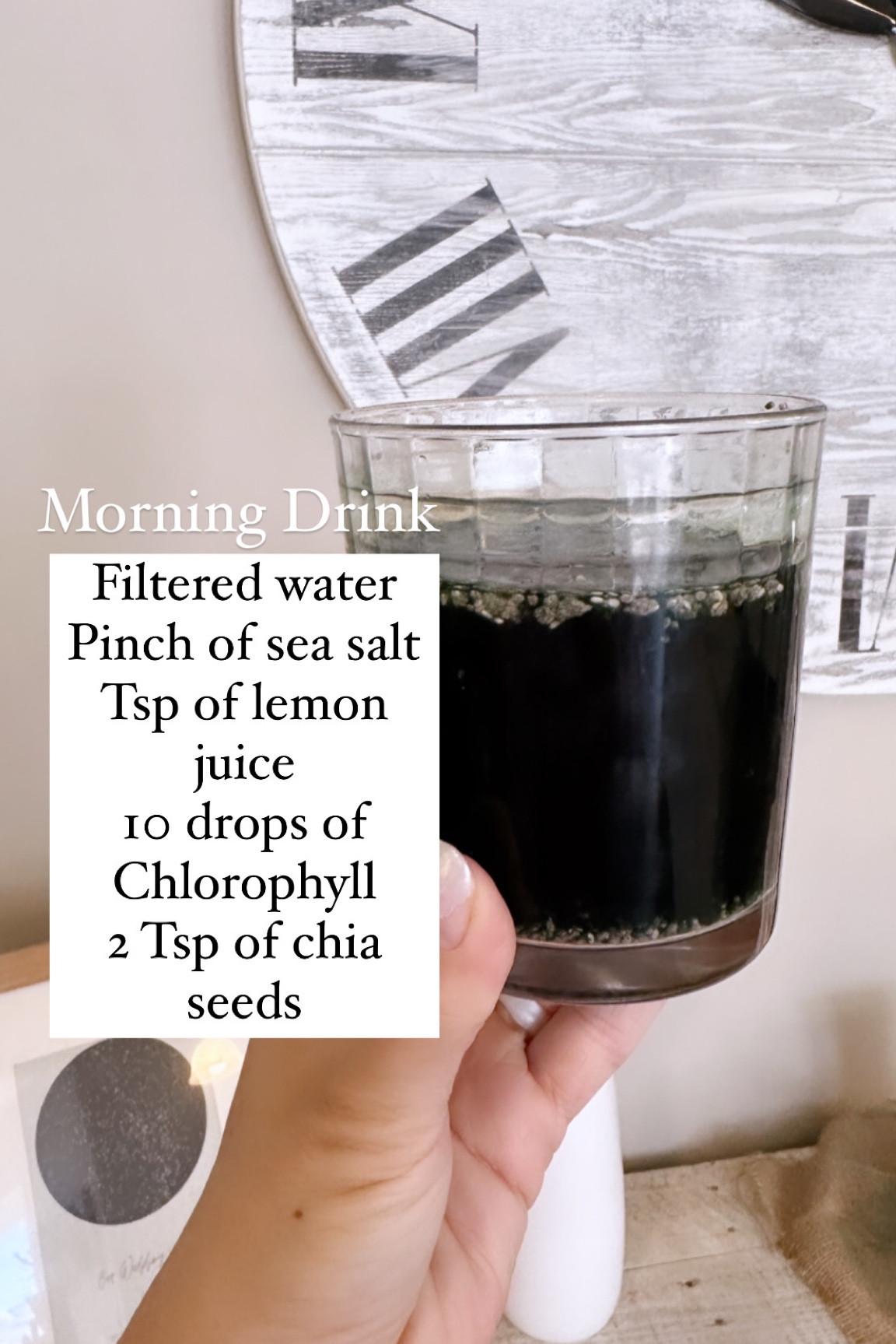 My morning drink: Filtered water
Pinch of sea salt
Tsp of lemon juice
10 drops of Chlorophyll 
2 Tsp of chia seeds

#LTKfit #LTKunder50 #LTKhome