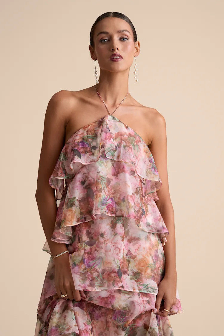 Melody Pink Floral Tiered Halter Maxi Dress | Lulus