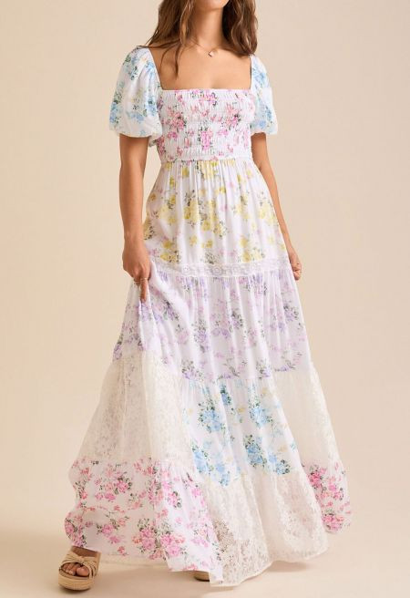 Delicate Floral Lace Panel Puff Sleeve Shirred Maxi Dress for Seaside Vacations & Romantic Getawa... | Chicwish