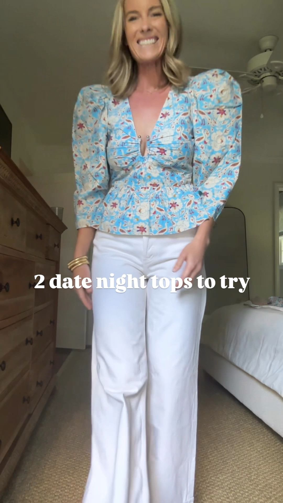 Date Night tops // paired with a wide leg denim of course. These are my new Agolde size 26 ones that I love. Perfect muted white for now and into fall. Size 4 tops or size small. 

#LTKVideo #LTKStyleTip