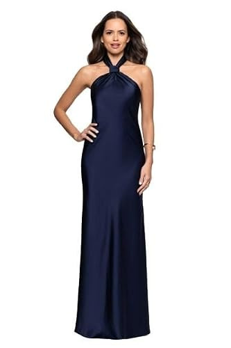 Betsy & Adam Women's Satin Halter Neck Knot Detail Floor Length Dress, Navy, 10 | Amazon (US)