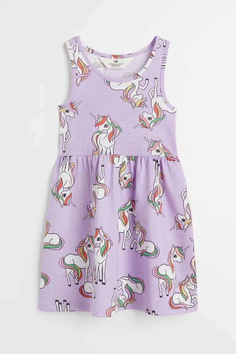 Sleeveless dress in cotton jersey with a printed pattern. Gathered seam at waist and flared skirt... | H&M (US + CA)
