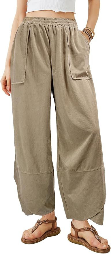 Women's Lounge Wide Leg Pants with Pockets - Corduroy Elastic Waist Plus Size Casual Baggy Barrel... | Amazon (US)
