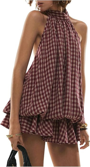 SOLY HUX Women's Plaid Halter Mini Dress Y2K Bubble Dresses | Amazon (US)