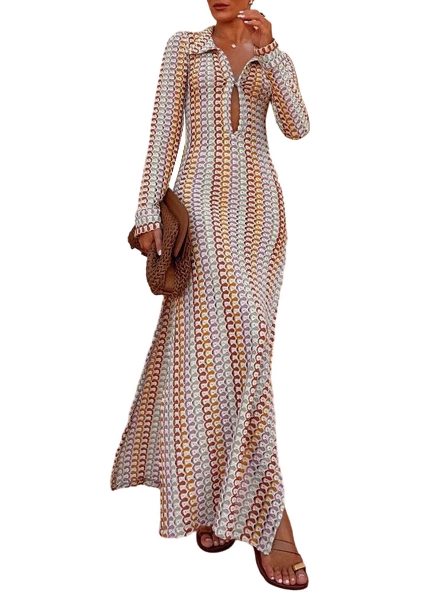 Women's Summer Crochet Long Dress V-Neck Long Sleeve Slit Dress | Walmart (US)