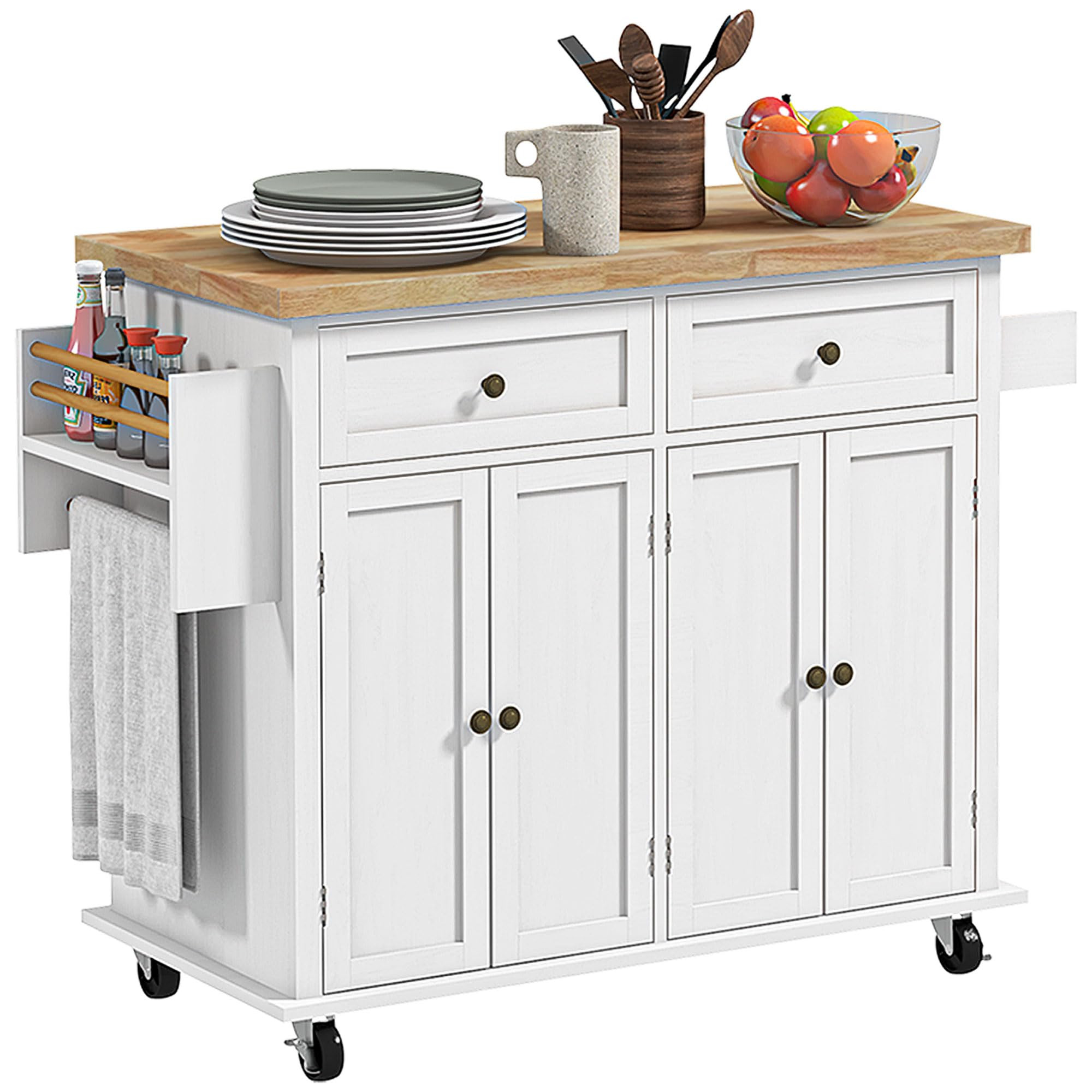HOMCOM Kitchen Island on Wheels, Rolling Kitchen Storage Trolley with Rubber Wood Top, Drawers, A... | Amazon (UK)