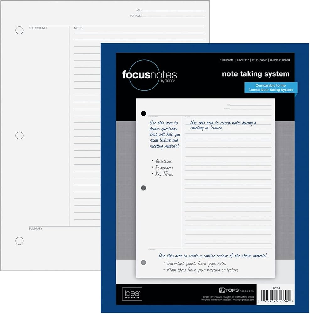 Oxford FocusNotes Note Taking System Filler Paper, 8.5 x 11 Inch, 3-Hole Punched, White, 100 Shee... | Amazon (US)