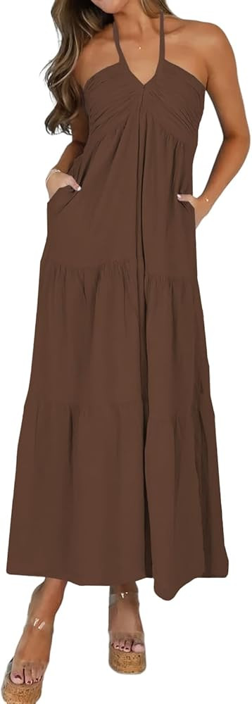 AmySister Women's Casual Halter Tiered Vacation Maxi Dress with Pockets | Amazon (US)