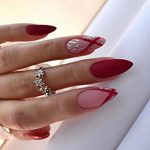 Red French Press on Nails Almond Medium Artificial Acrylic Fake Nails with Silver Shine Line Designs, Full Cover Reusable Coffin False Nails Set Women Glue on Nails Stick on Nails for Nail Art 24 Pcs | Amazon (US)