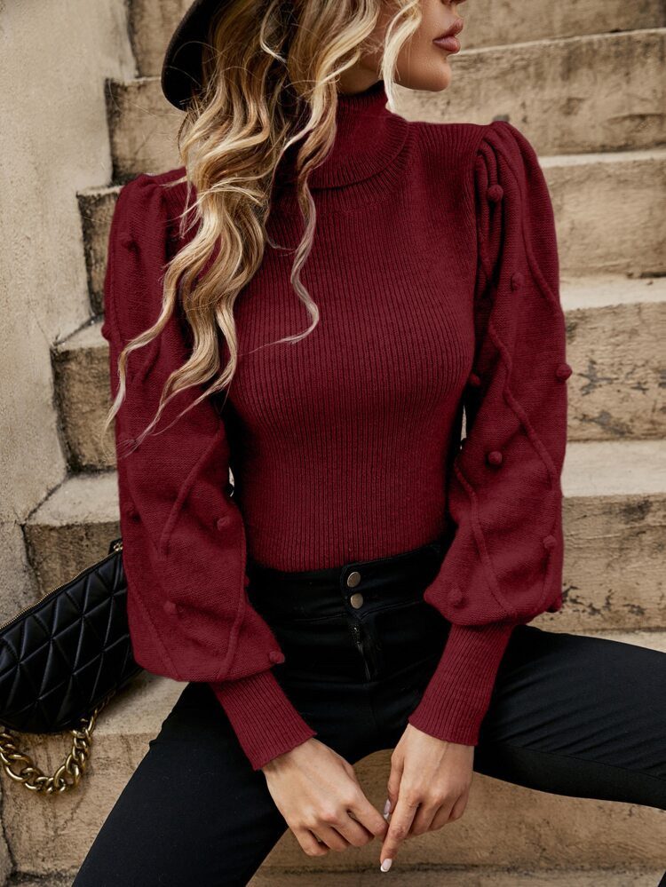 Turtleneck Pompom Detail Lantern Sleeve Sweater | SHEIN
