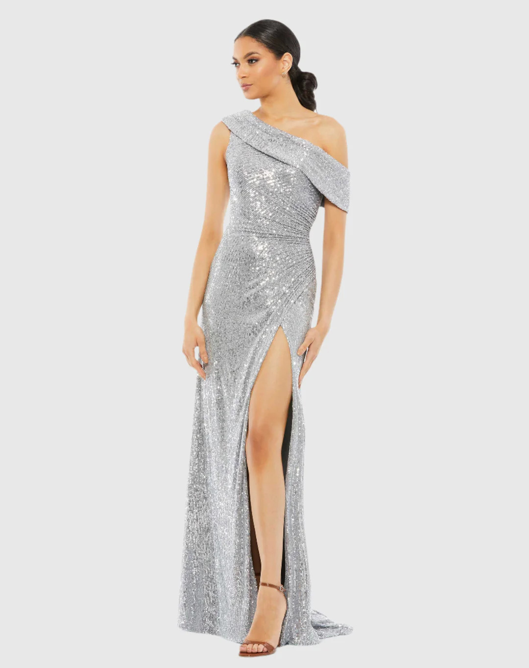 One-Shoulder Ruched Sequined Gown | Mac Duggal