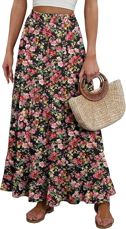 ANRABESS Womens Maxi Skirt Elastic High Waist Swing Tiered A-line Flowy Pleated Boho Beach Vacati... | Amazon (US)